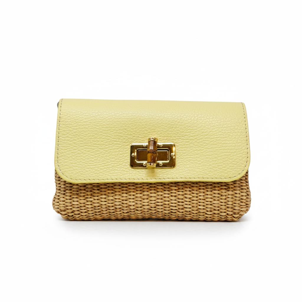 Leather Bamboo Clasp & Raffia Crossbody Bag - Yellow