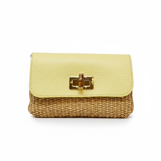 Leather Bamboo Clasp & Raffia Crossbody Bag - Yellow