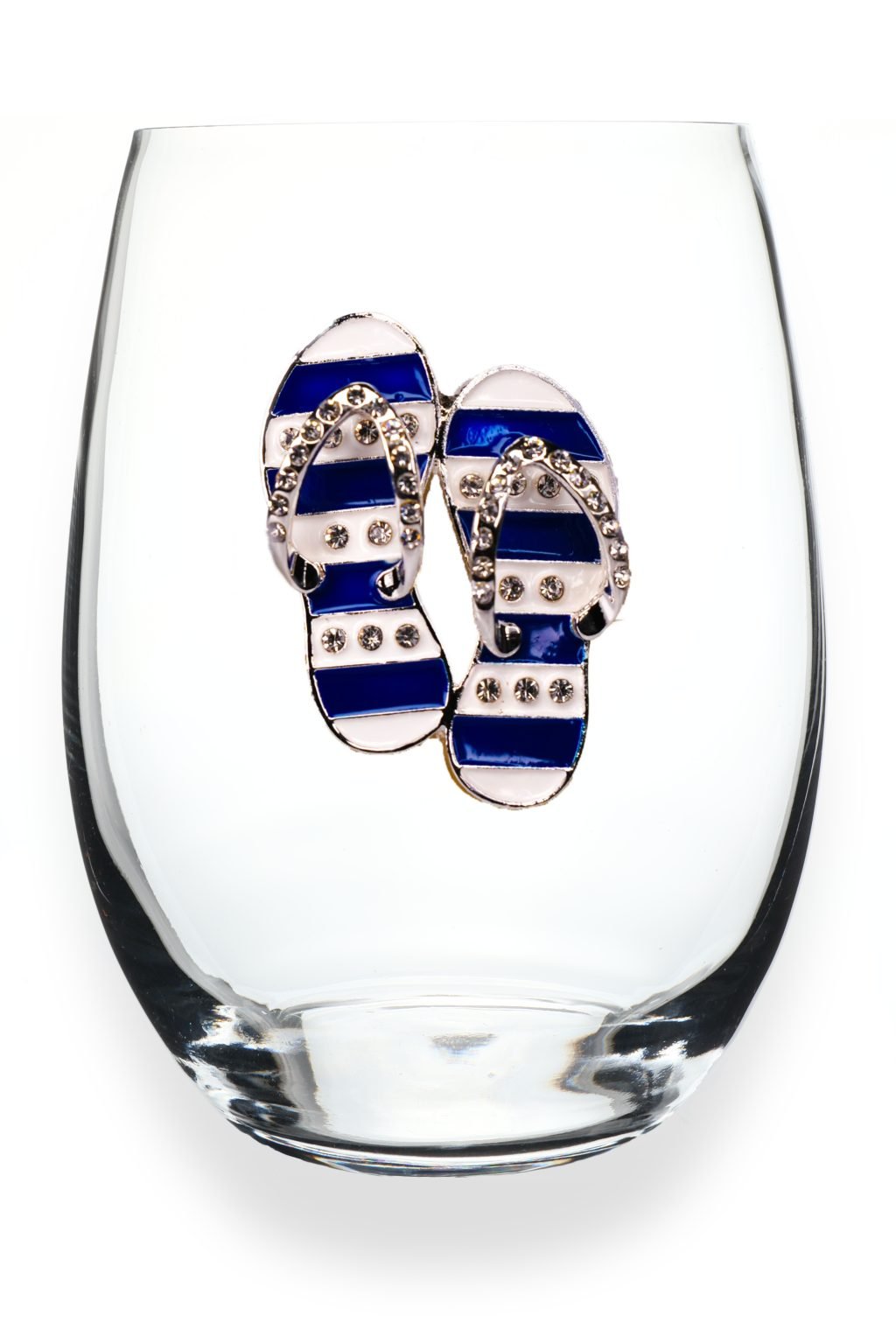 Blue and White Flip Flop Jeweled Stemless Wine Glass