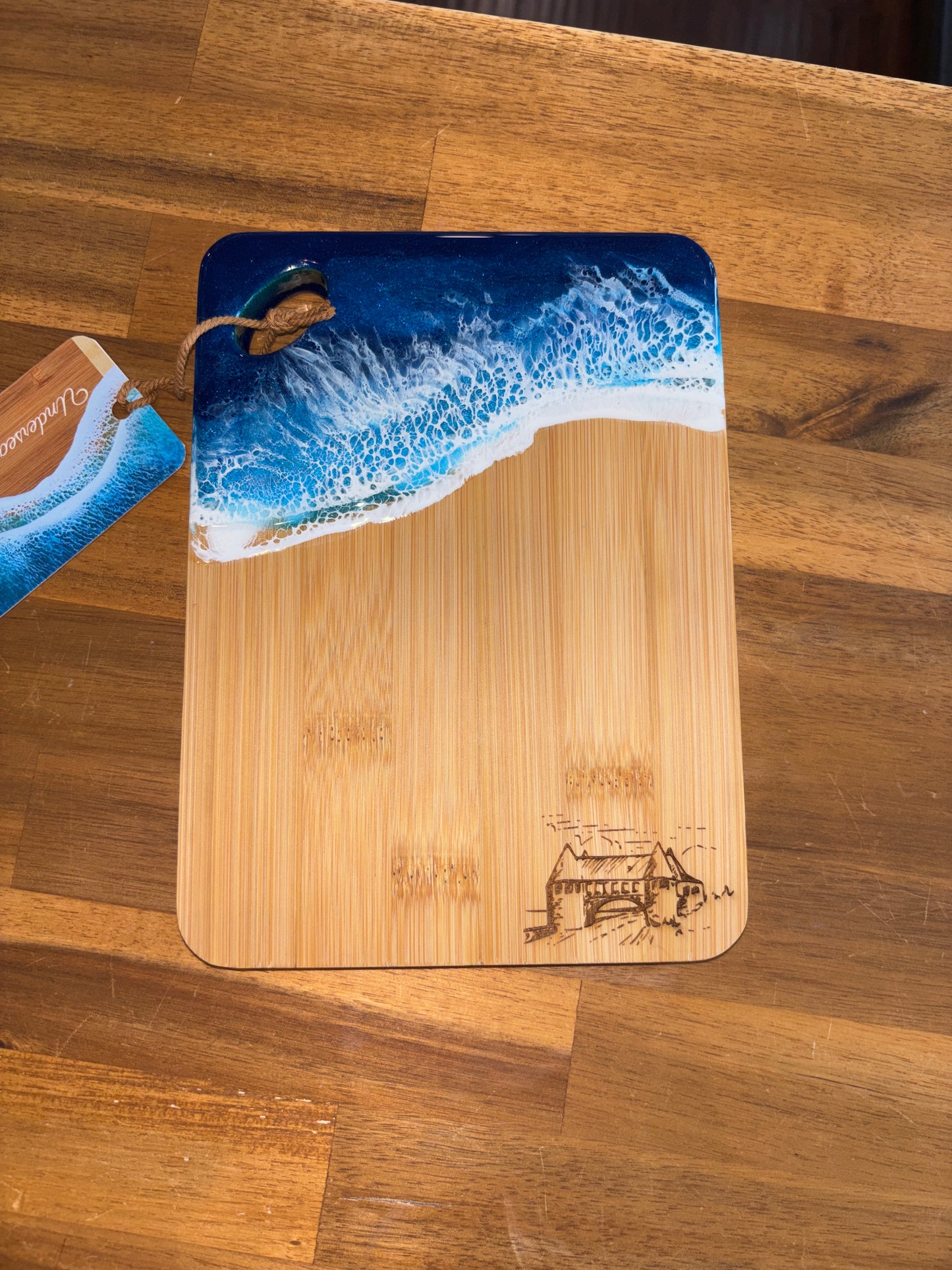 Rhode Island-Made Serving Board with Blue Resin Ocean Waves & Laser-Engraved Narragansett Towers - Small