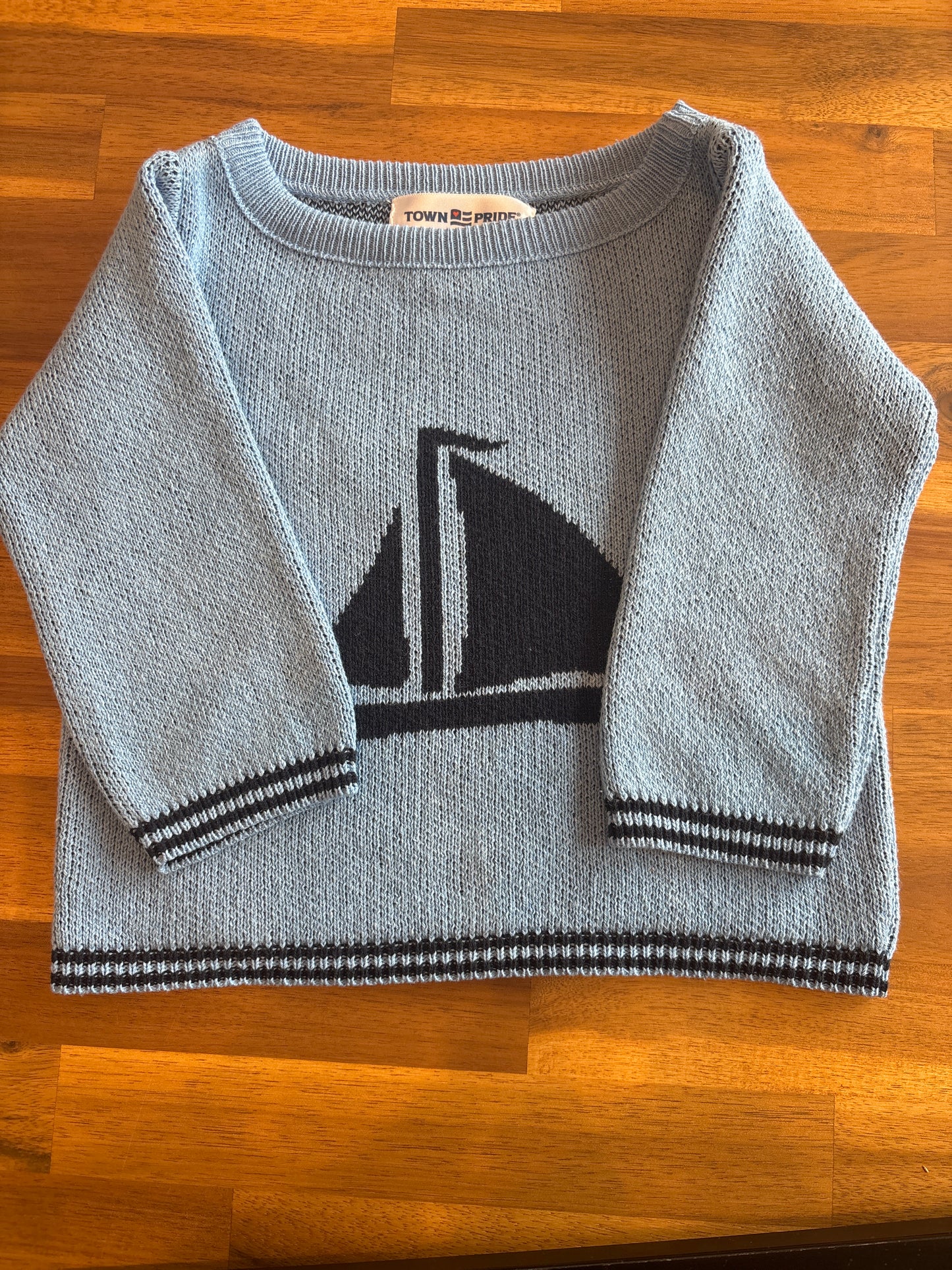 Sailboat Sweater & Striped Pants Set – Navy & Light Blue