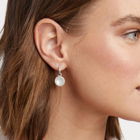 Fleur-de-Lis Hoop & Charm Earring Silver - Iridescent Chalcedony Blue