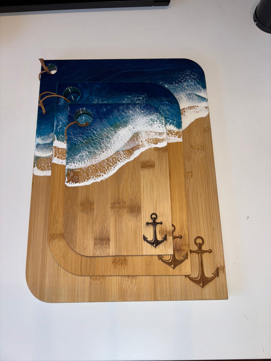 Rhode Island-Made Serving Board with Blue Resin Ocean Waves & Laser-Engraved Anchor - Large