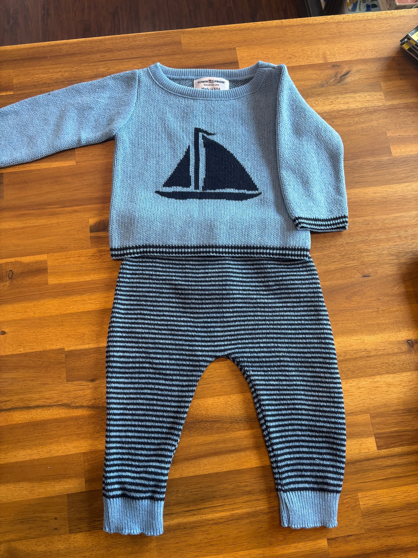 Sailboat Sweater & Striped Pants Set – Navy & Light Blue
