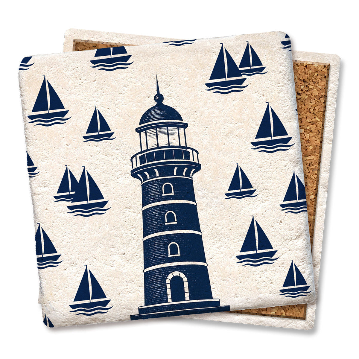 Nautical Lighthouse with Sailboats - Limestone Coaster