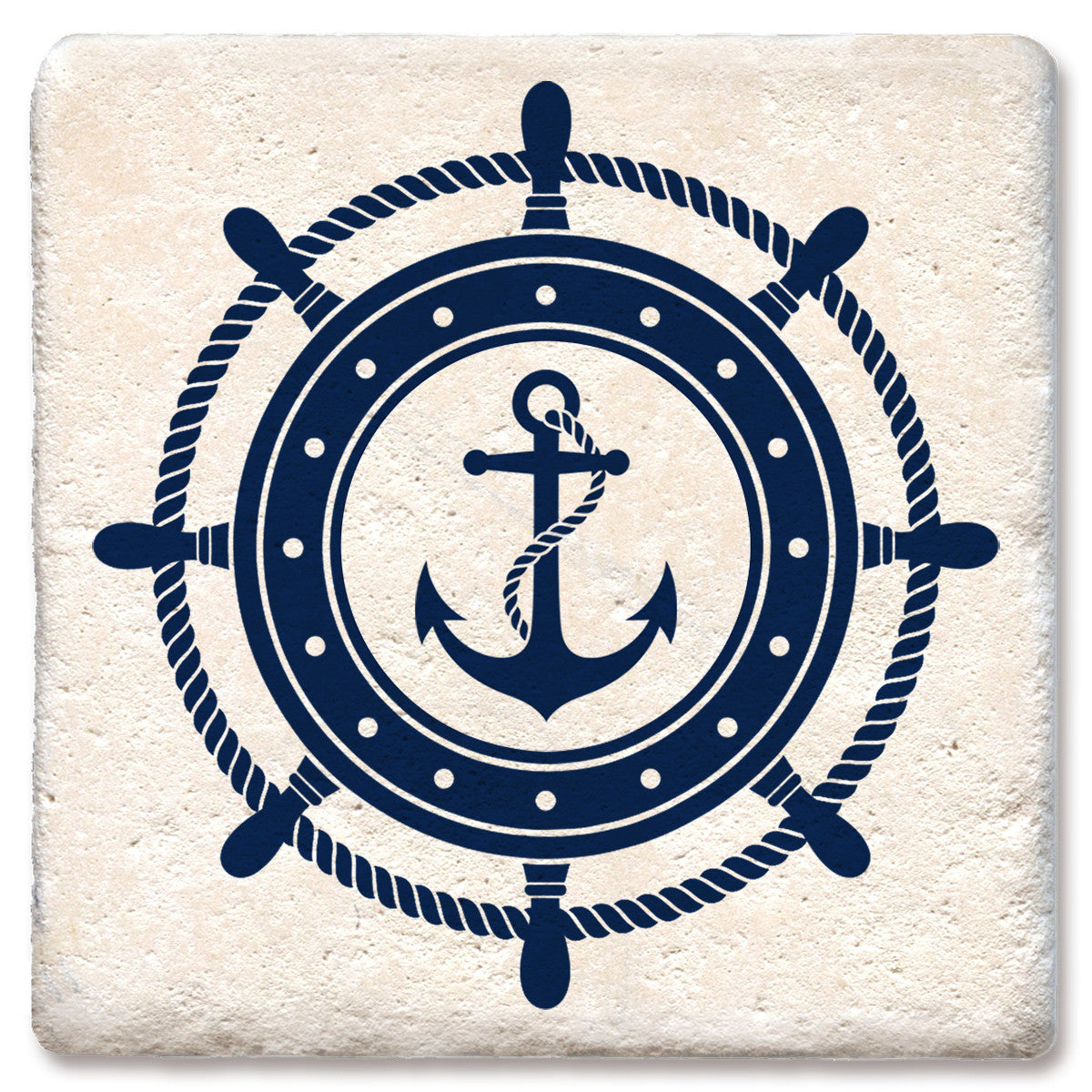 Nautical Steering Wheel with Anchor - Limestone Coaster