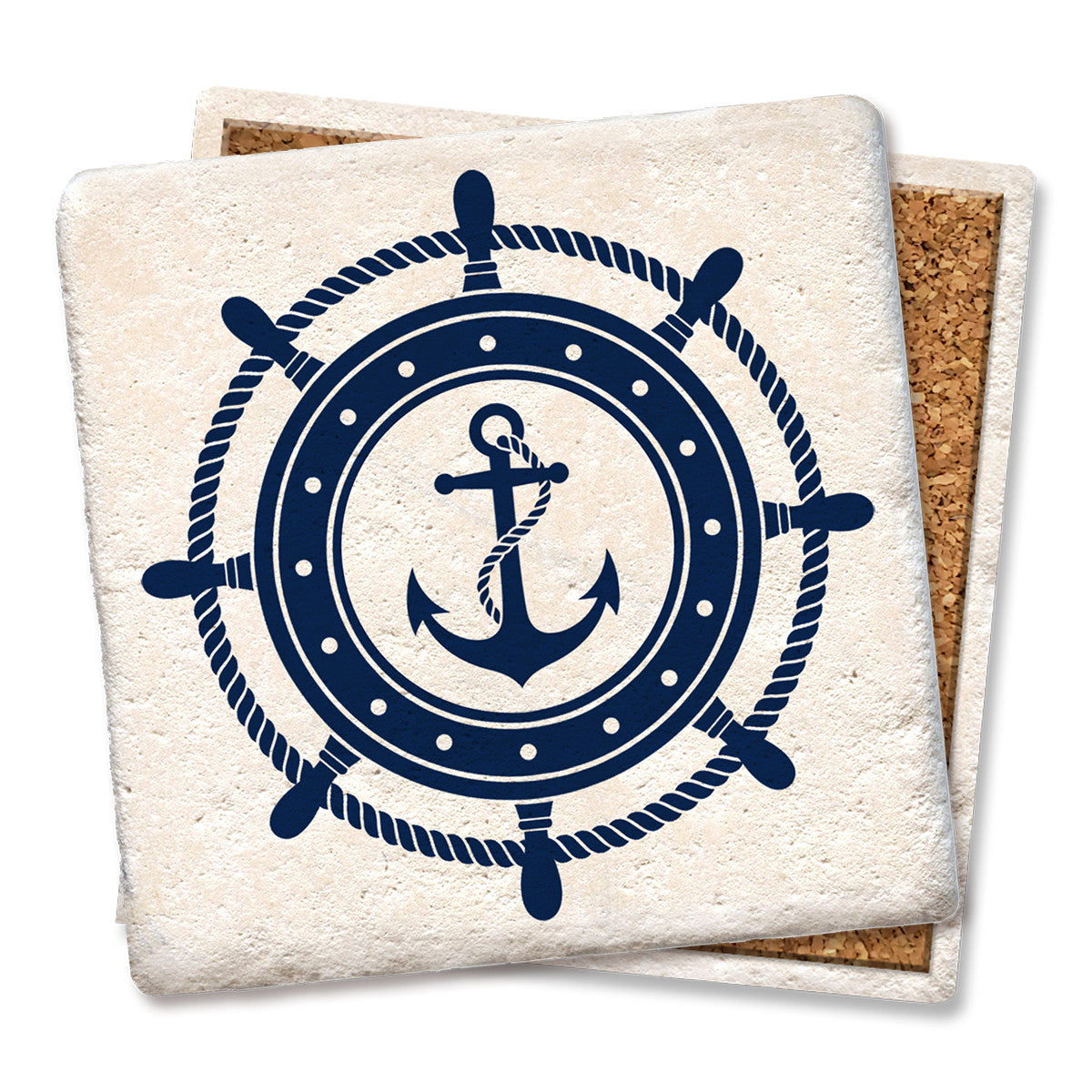 Nautical Steering Wheel with Anchor - Limestone Coaster