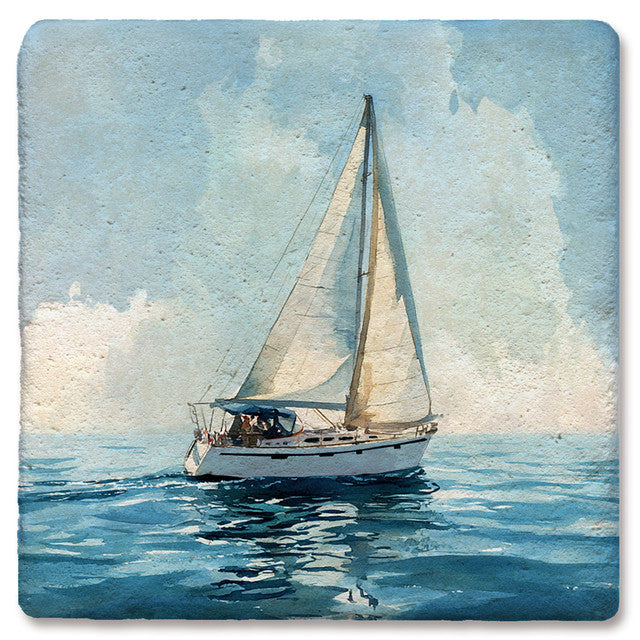 Nautical Sailboat Watercolor - Limestone Coaster