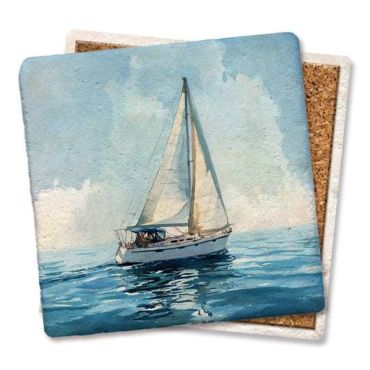 Nautical Sailboat Watercolor - Limestone Coaster