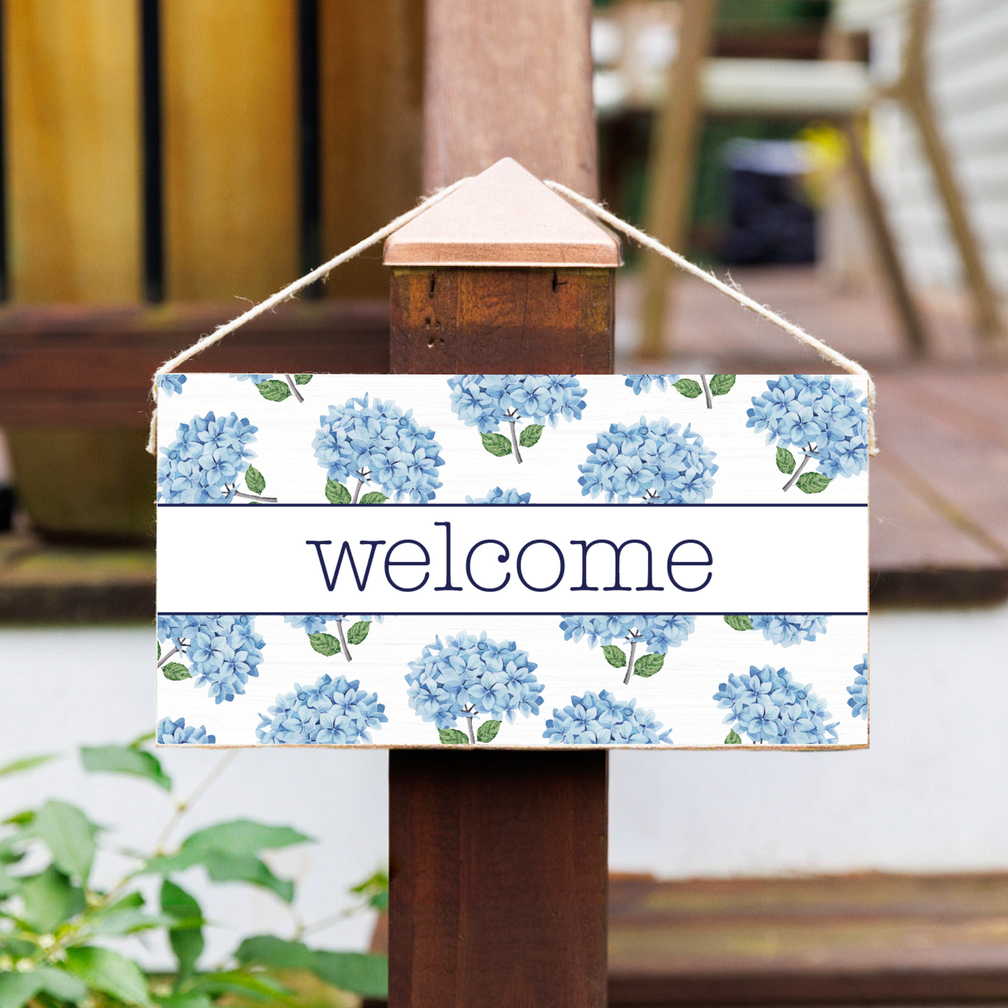 Welcome Hydrangea Stems Twine Hanging Sign