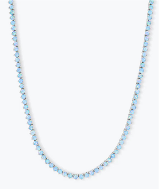 Not Your Basic Tennis Necklace Silver Blue Opal 18"