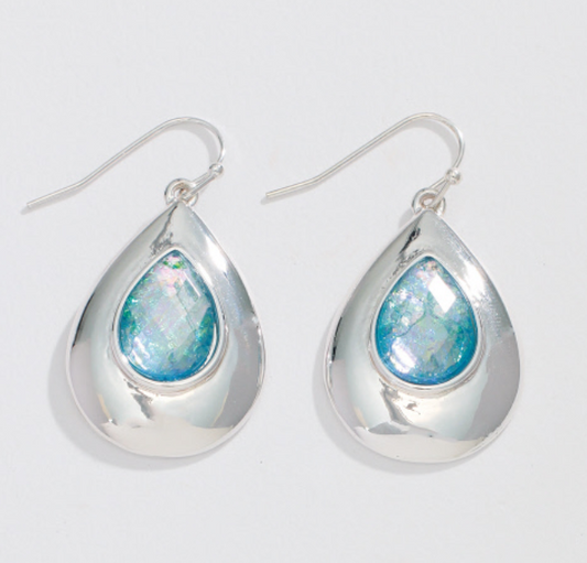 Silver Teardrop with Aqua Inlay Earrings