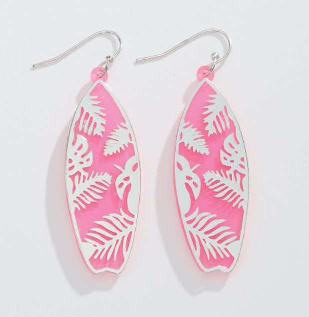 Pink Surfboard wiht Silver Leaf Earrings