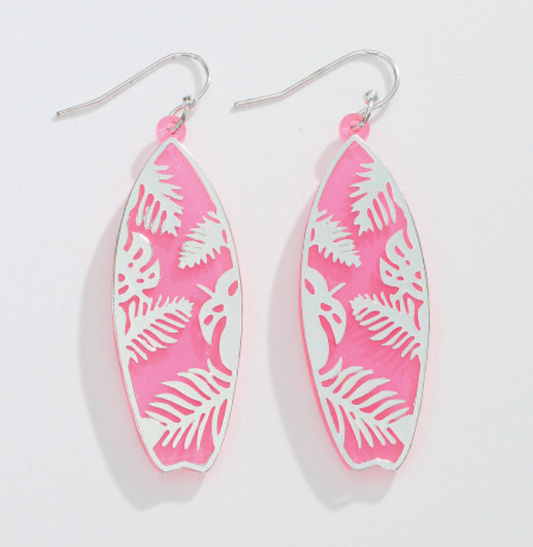 Pink Surfboard wiht Silver Leaf Earrings