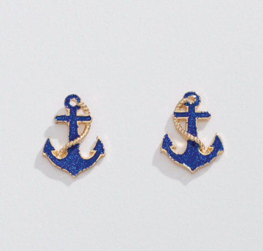 Gold Anchor with Blue Glitter Earrings