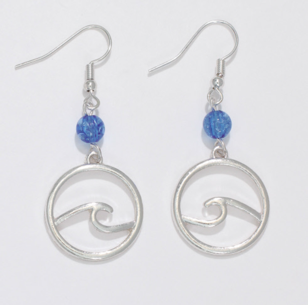 Silver Wave with Blue Bead Earrings