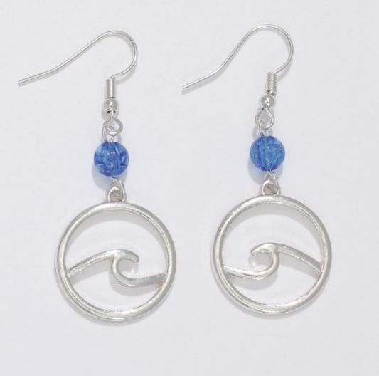 Silver Wave with Blue Bead Earrings