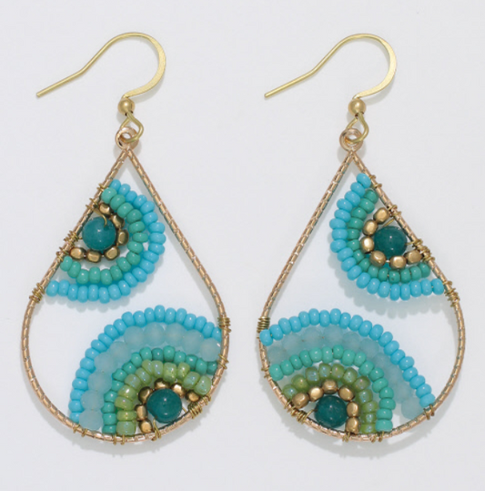 Aqua + Green Beaded Drops Earrings