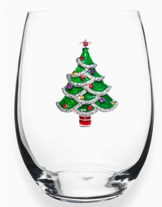 Christmas Tree Jeweled Stemless Wine Glass