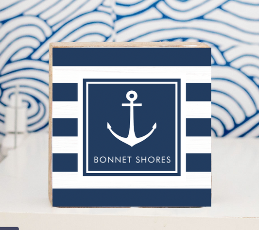 Bonnet Shores Navy Anchor Stripes Decorative Wooden Block