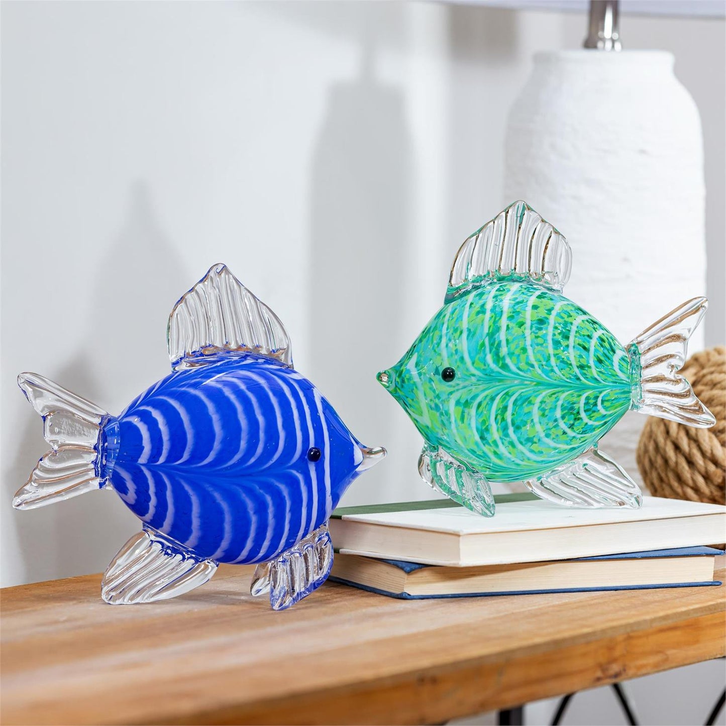 Blue Coastal Table Decor Glass Fish
