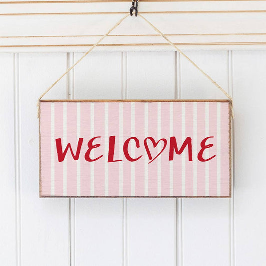 Pink Striped Welcome Heart Twine Hanging Sign