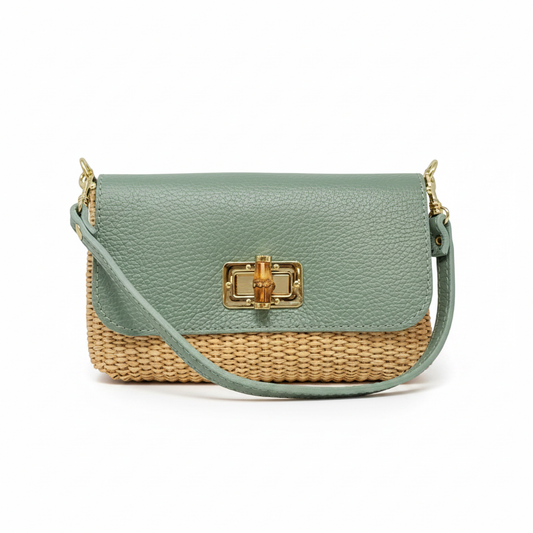Leather Bamboo Clasp & Raffia Crossbody Bag - Mint