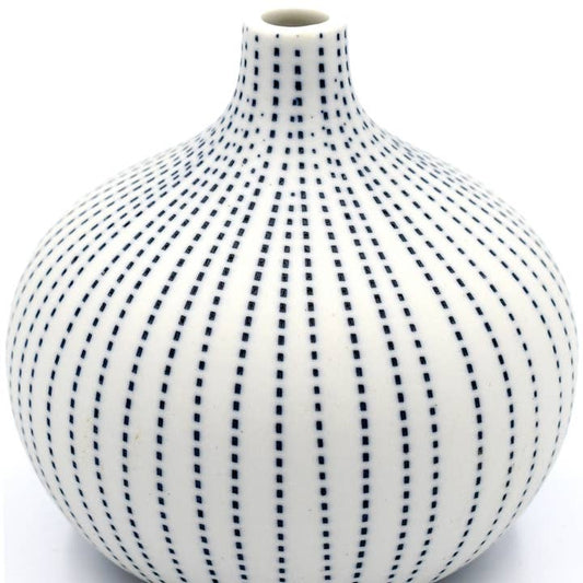 Congo Tiny Porcelain Bud Vase (Large) - White with Blue Dotted Lines