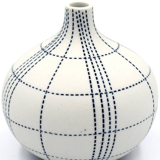 Congo Tiny Porcelain Bud Vase (Large) - White with Blue Dotted Squares
