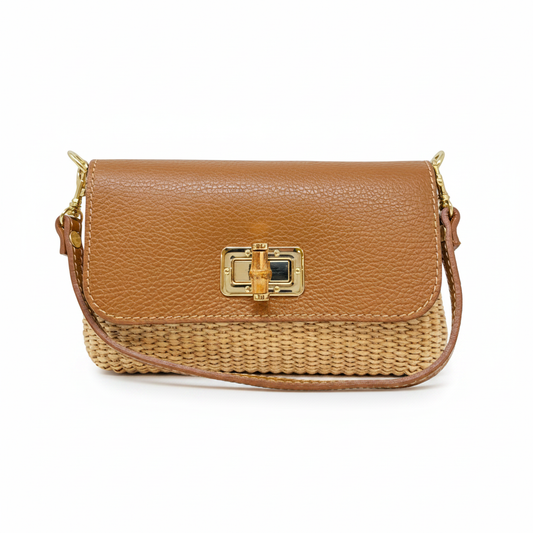 Leather Bamboo Clasp & Raffia Crossbody Bag - Camel