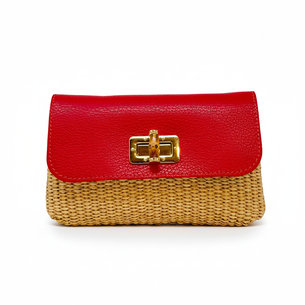 Leather Bamboo Clasp & Raffia Crossbody Bag - Red