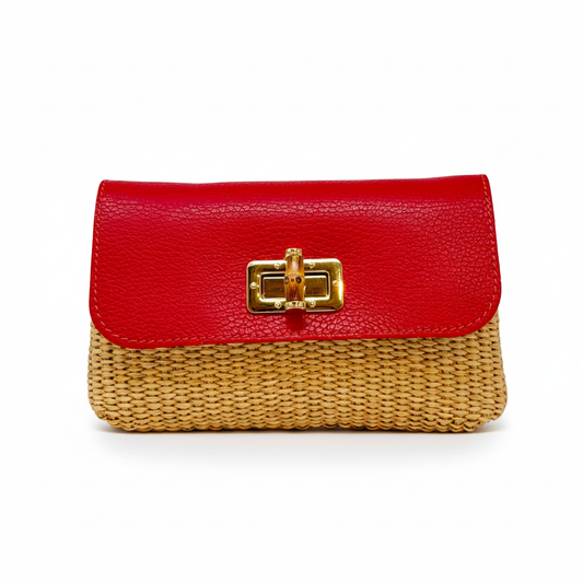 Leather Bamboo Clasp & Raffia Crossbody Bag - Red