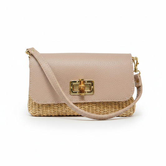 Leather Bamboo Clasp & Raffia Crossbody Bag - Nude