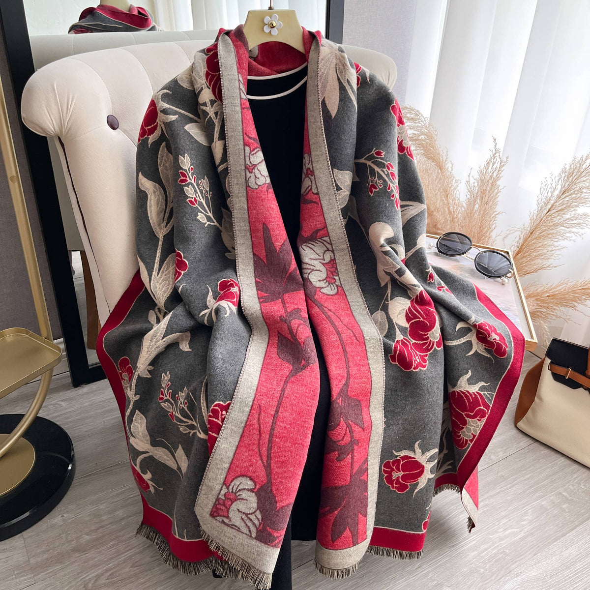 Red / Gray Wild Rose Reversible Wrap