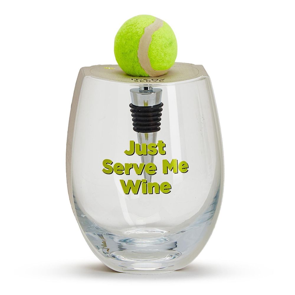 Tennis Stemless Wine Glass with Tennis Ball Wine Stopper
