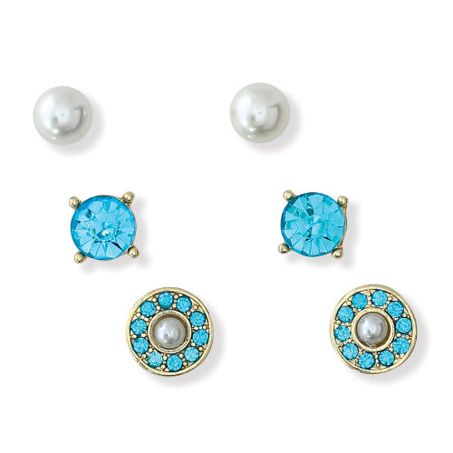 Pearls with Aqua Crystals Stud Earrings