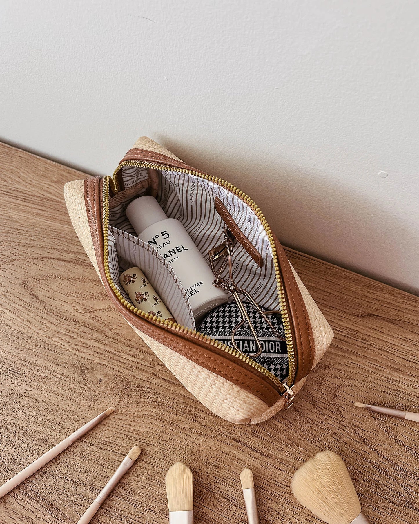 Brianna Makeup Bag with Brushes - Natural Tan