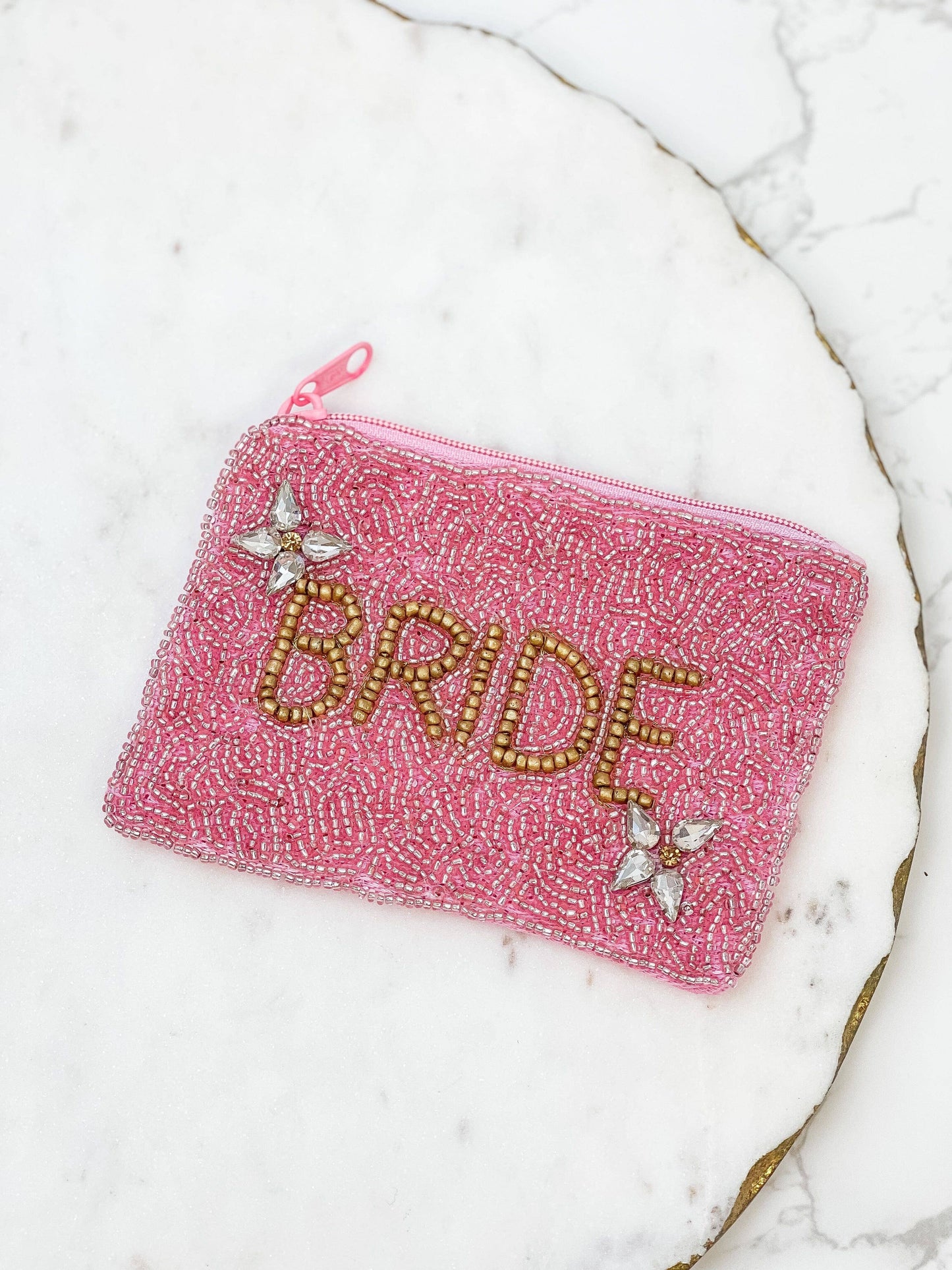 Pink 'Bride' Rhinestone Beaded Zip Pouch