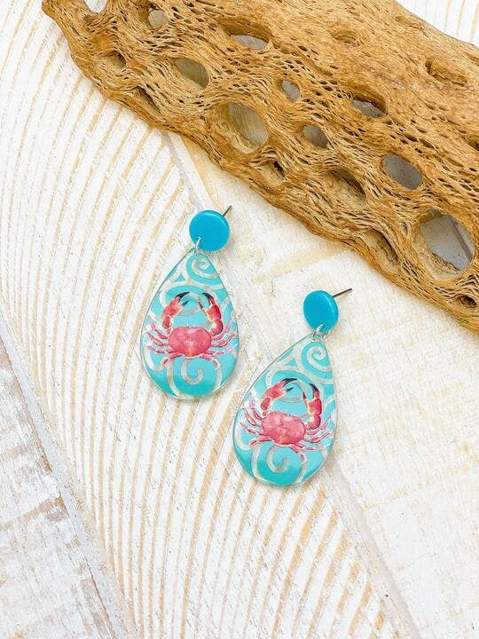 Red Crab Painted Clear Dangle Earrings