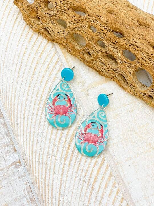 Red Crab Painted Clear Dangle Earrings