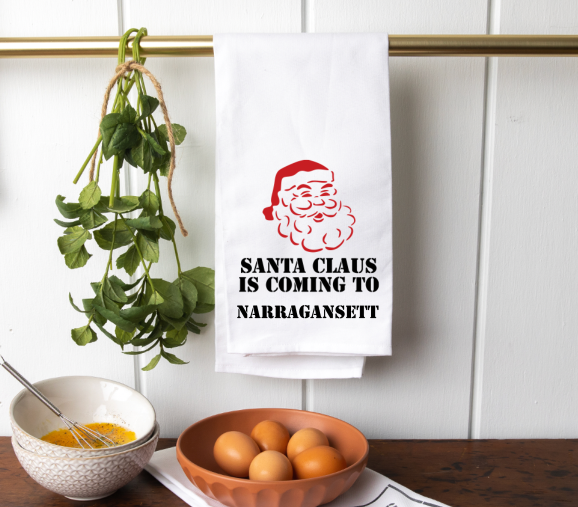 Santa Claus is Coming to Narragansett Tea Towel