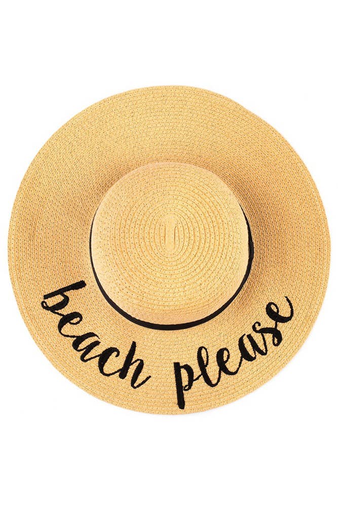Beach Please Straw Brim Hat with Ribbon Band