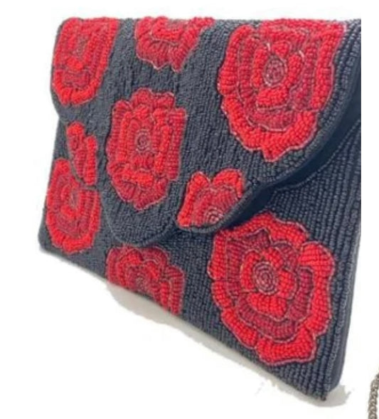 Red Rose Black Beaded Clutch