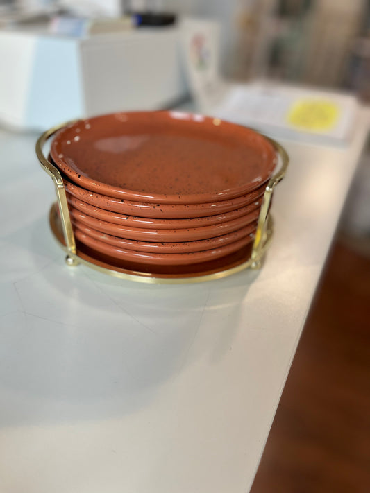 Set of 6 Ceramic Plates with Holder - Rust