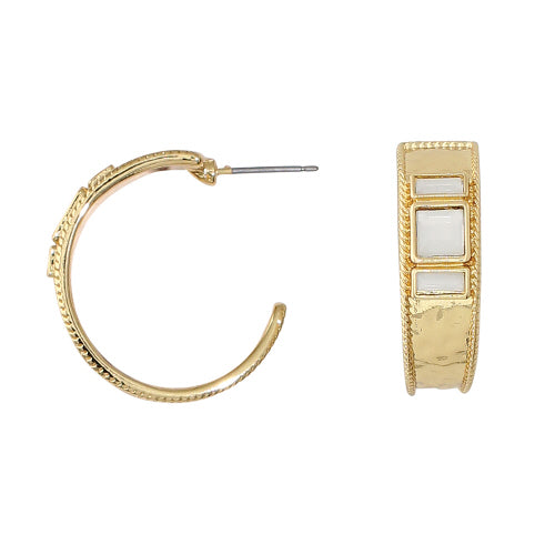 Gold Hammered with Stone Hoop Earrings