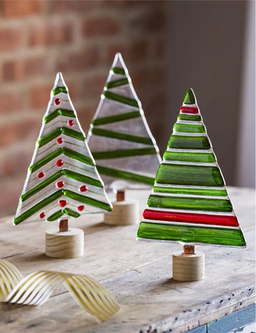 Glass Holiday Tabletop Tree w/ wood base - Red and Green Stripes