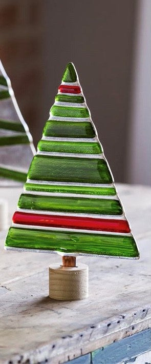 Glass Holiday Tabletop Tree w/ wood base - Red and Green Stripes